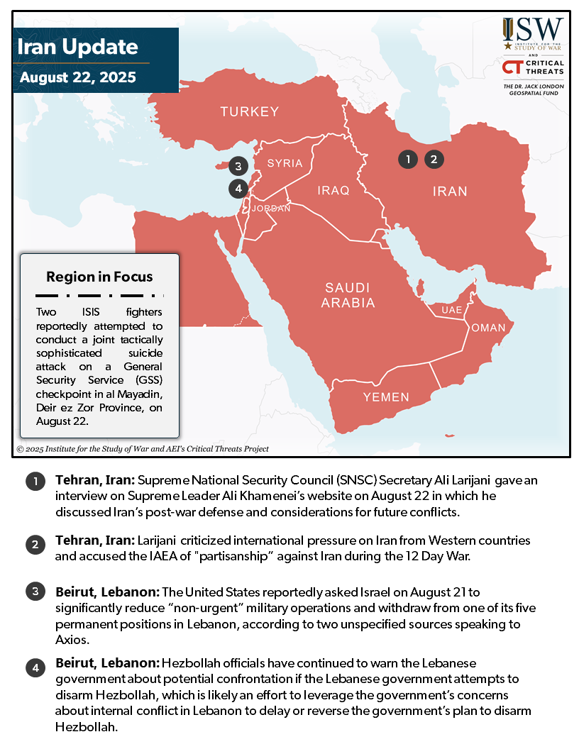 Iran Update, August 22, 2025