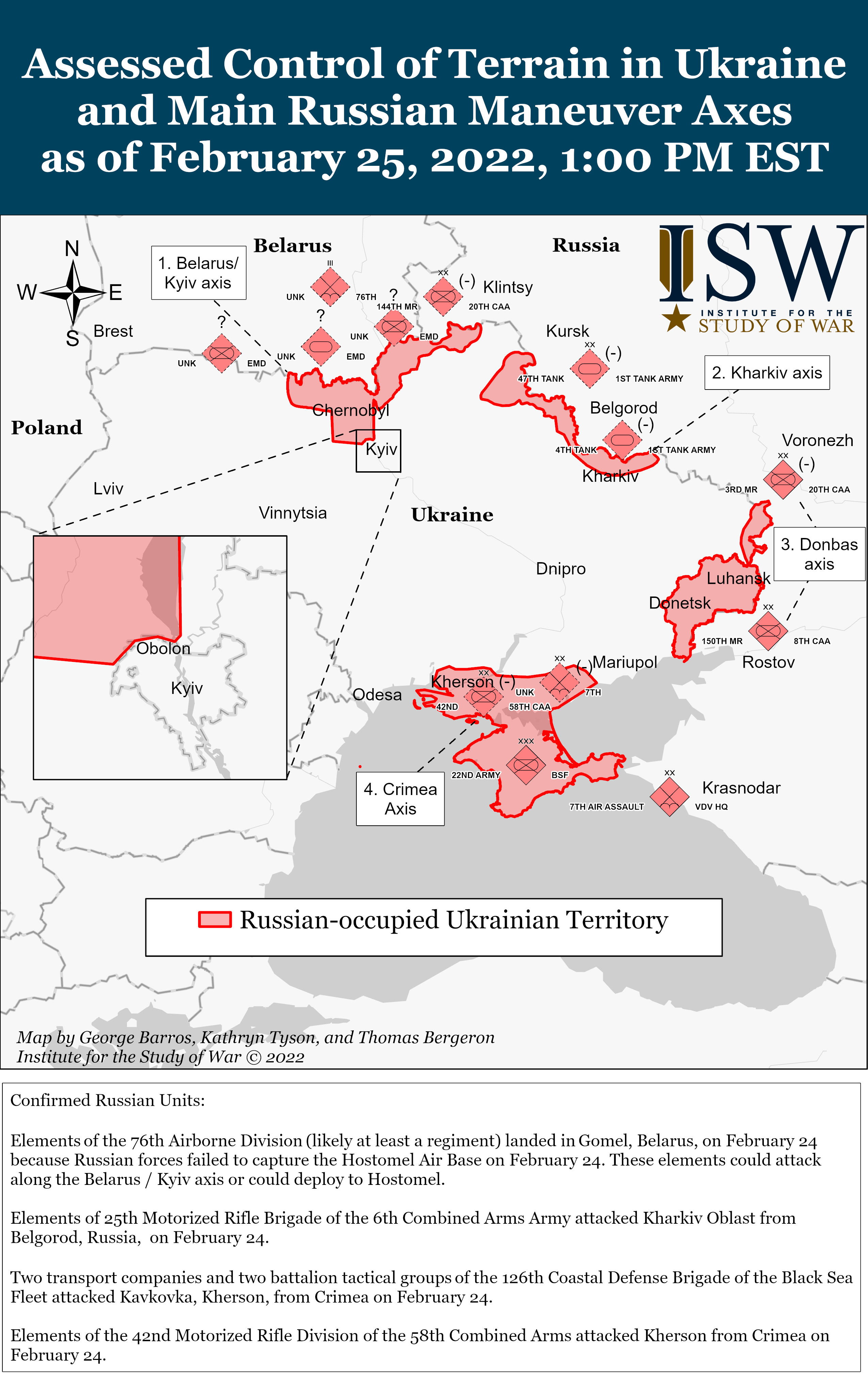 ISW Assessed Control of Terrain in Ukraine and Main Russian Maneuver Axes, 2022.2.25