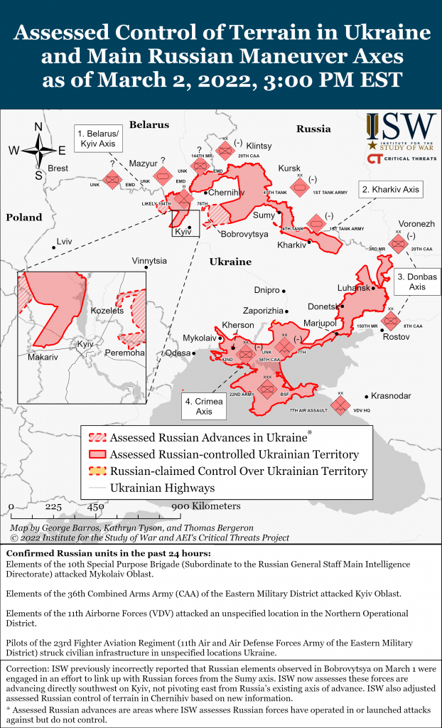 ISW Assessed Control of Terrain in Ukraine and Main Russian Maneuver Axes, 2022.3.2