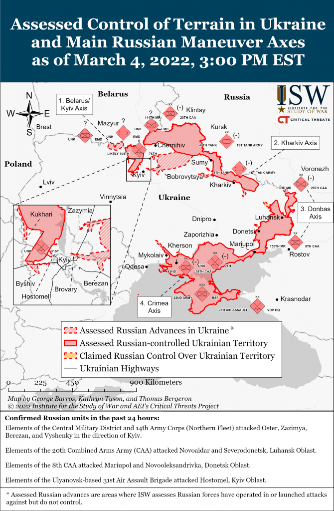 ISW Assessed Control of Terrain in Ukraine and Main Russian Maneuver Axes, 2022.3.4