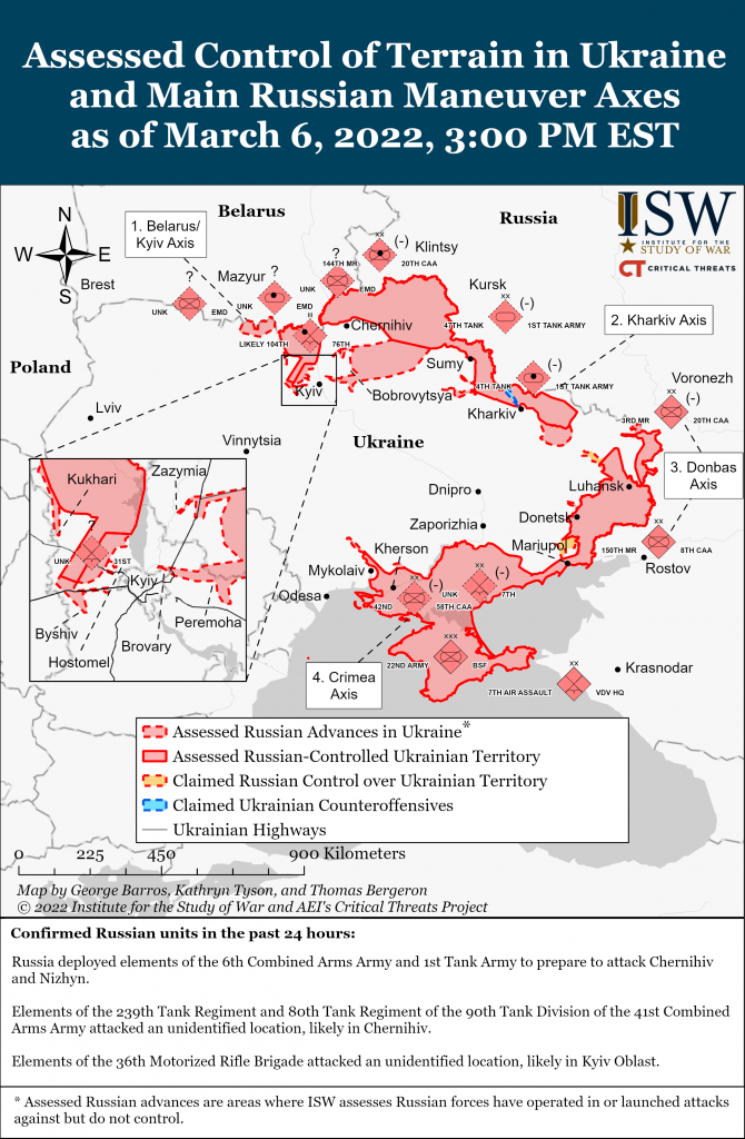 ISW Assessed Control of Terrain in Ukraine and Main Russian Maneuver Axes, 2022.3.6