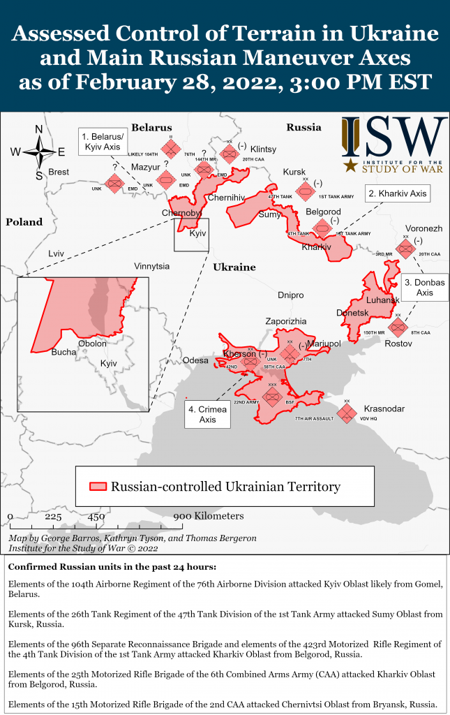 ISW Assessed Control of Terrain in Ukraine and Main Russian Maneuver Axes, 2022.2.28