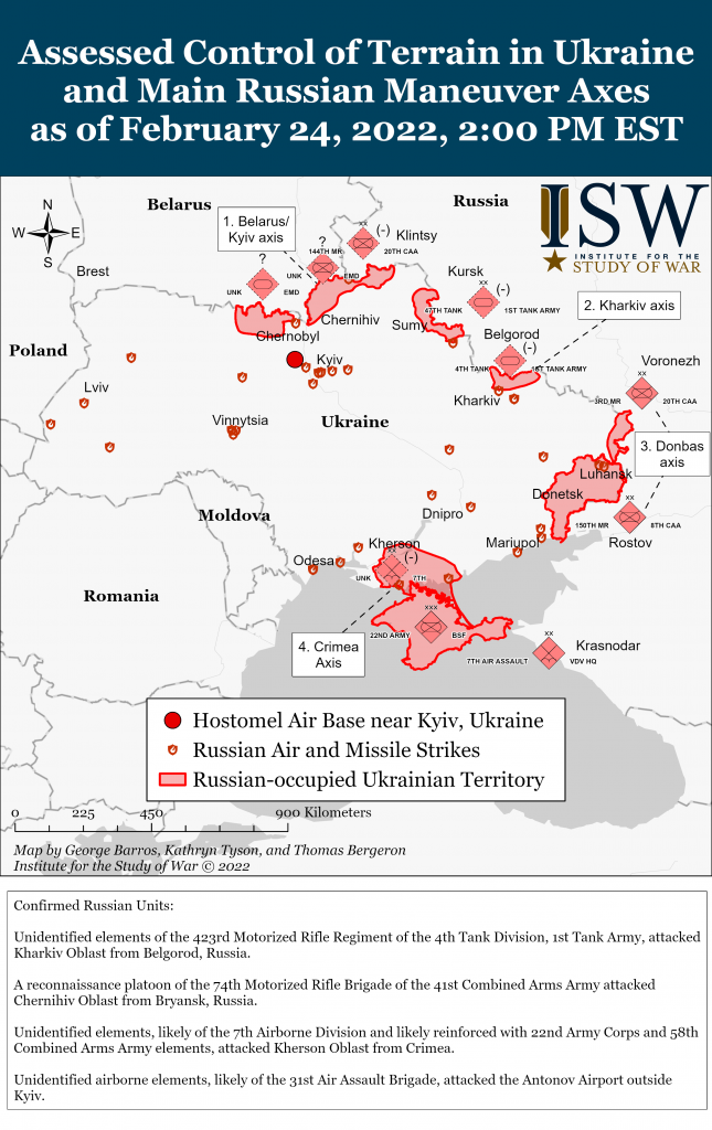 ISW Assessed Control of Terrain in Ukraine and Main Russian Maneuver Axes, 2022.2.24